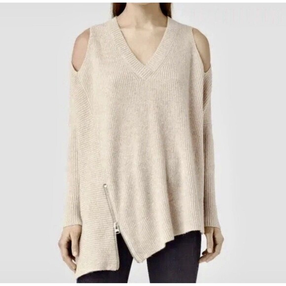 Sweaters - ALLSAINTS Women’s Wool Alpaca Knit Sweater Cold Shoulder‎ Beige M Asymmetrical